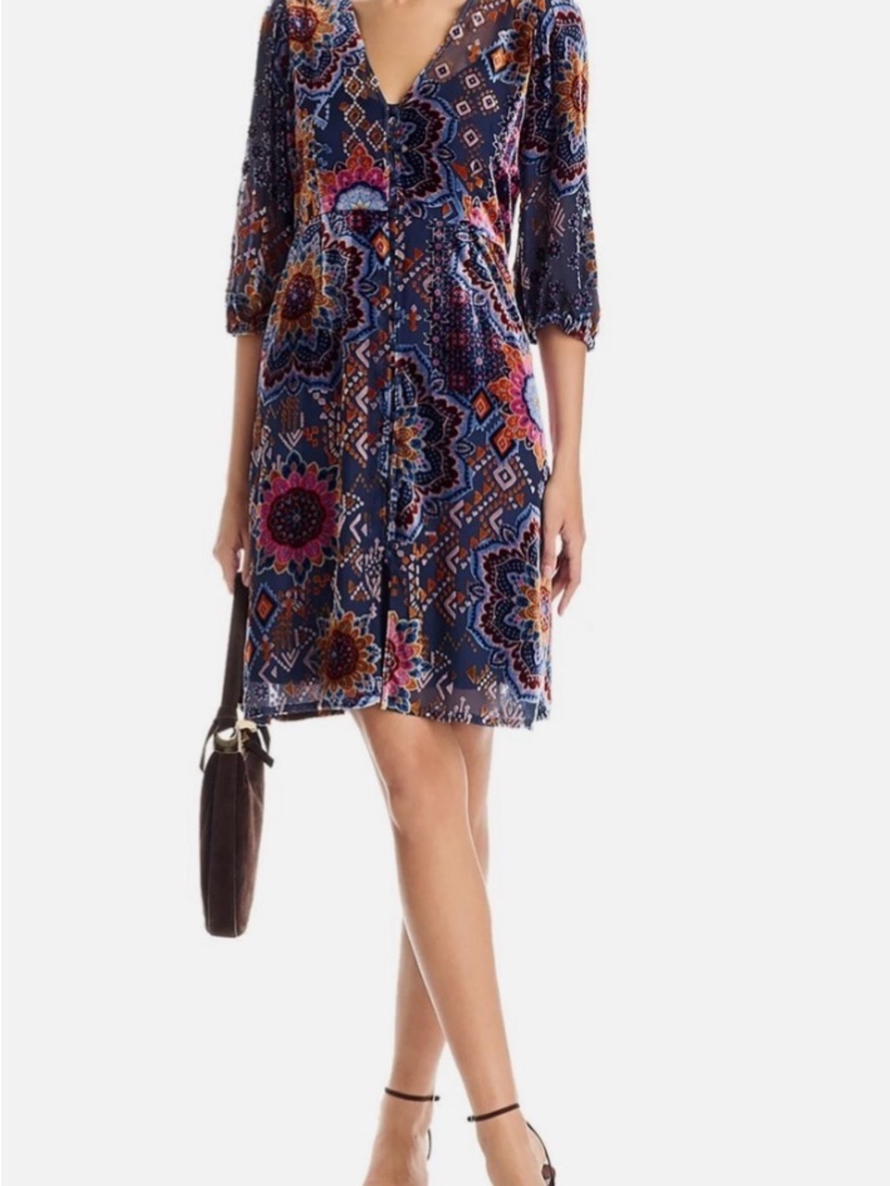 Johnny Was Navy Floral V-Neck Mini Dress
